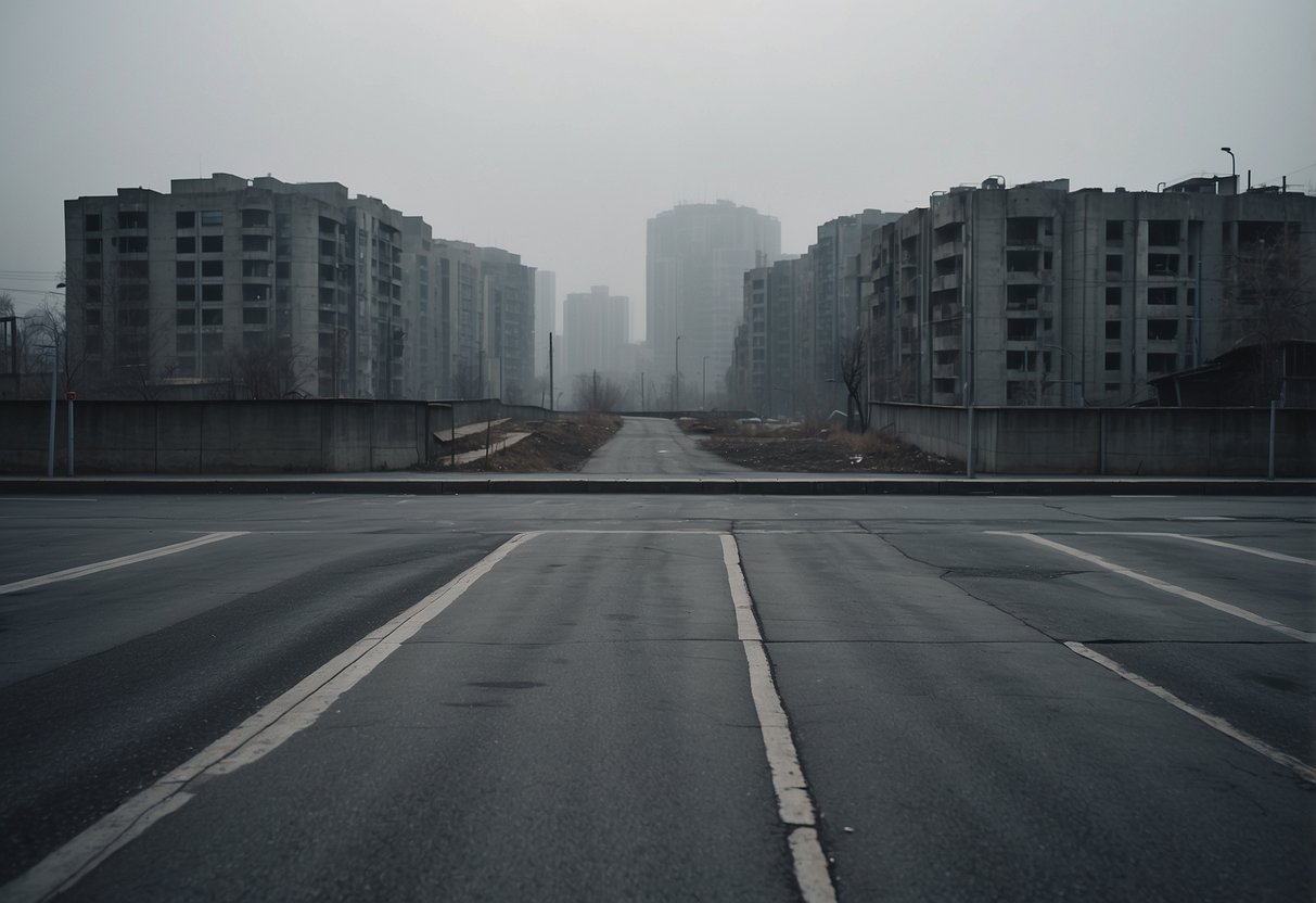 A desolate cityscape with grey, concrete buildings and a lack of vibrant colors. The streets are empty and there is a sense of isolation and oppression in the air