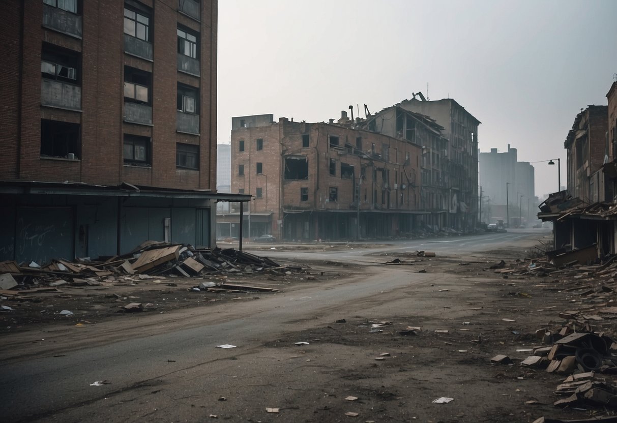 A desolate cityscape with crumbling buildings and debris, set against a backdrop of a hazy sky and a sense of abandonment