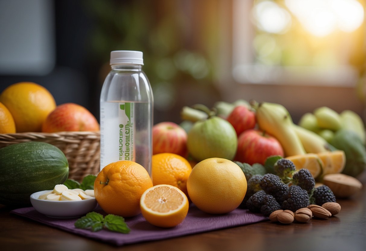 A woman's hand holding a prenatal vitamin bottle, surrounded by fruits, vegetables, a yoga mat, and a water bottle