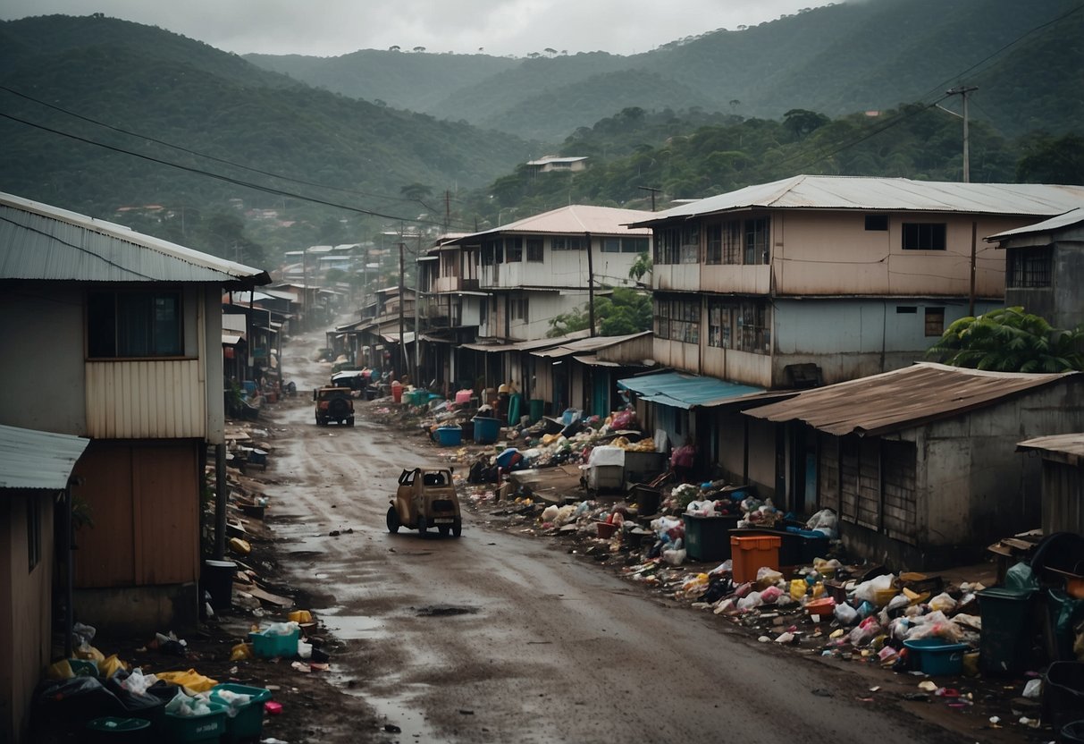 A crowded, dirty street in Port Moresby, with dilapidated buildings and trash scattered around. The sky is overcast, adding to the gloomy atmosphere