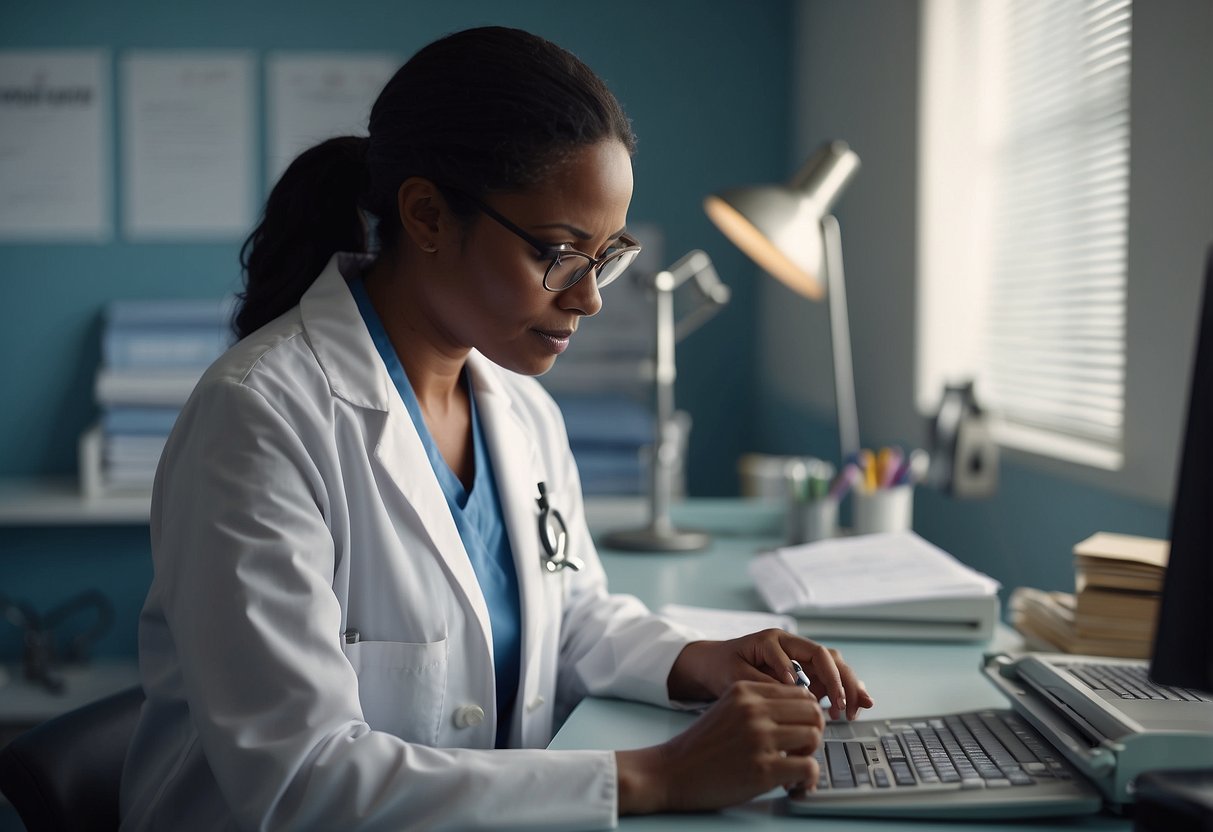 A doctor sits at a desk, reviewing medical records. A nurse prepares screening equipment. A poster on the wall lists essential steps for pre-pregnancy health