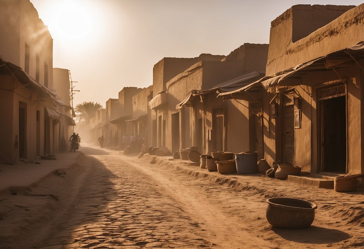 The dusty streets of Timbuktu, Mali, with dilapidated buildings and scorching sun