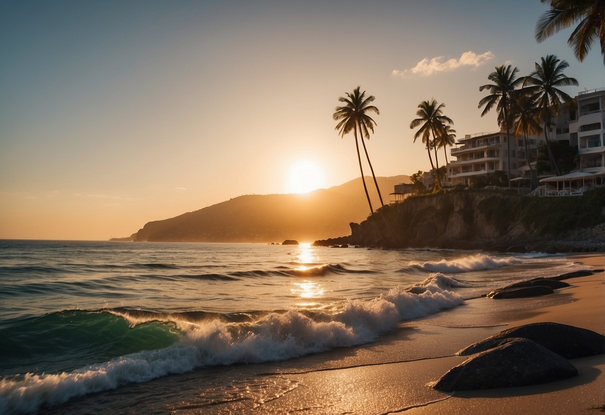 The sun sets behind the rocky cliffs of Acapulco, casting a warm glow over the bustling city and its iconic beachfront. Palm trees sway in the ocean breeze as waves crash against the shore