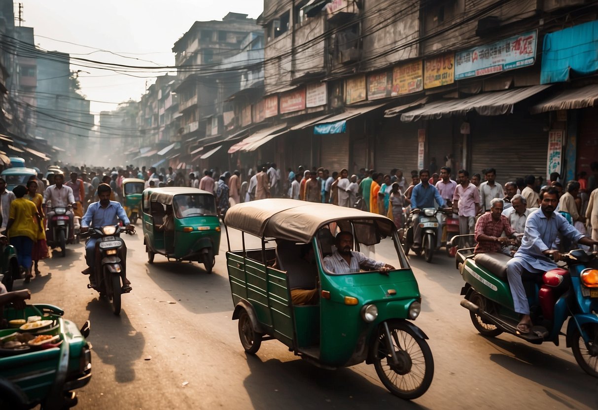 A chaotic street in Dhaka, Bangladesh with crowded markets, colorful rickshaws, and bustling traffic. The air is filled with the sound of honking horns and the smell of street food