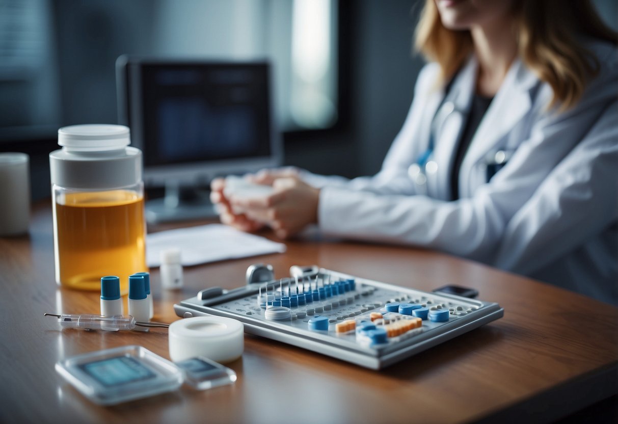 A table with various fertility test kits and medical equipment, surrounded by a couple discussing and considering their options