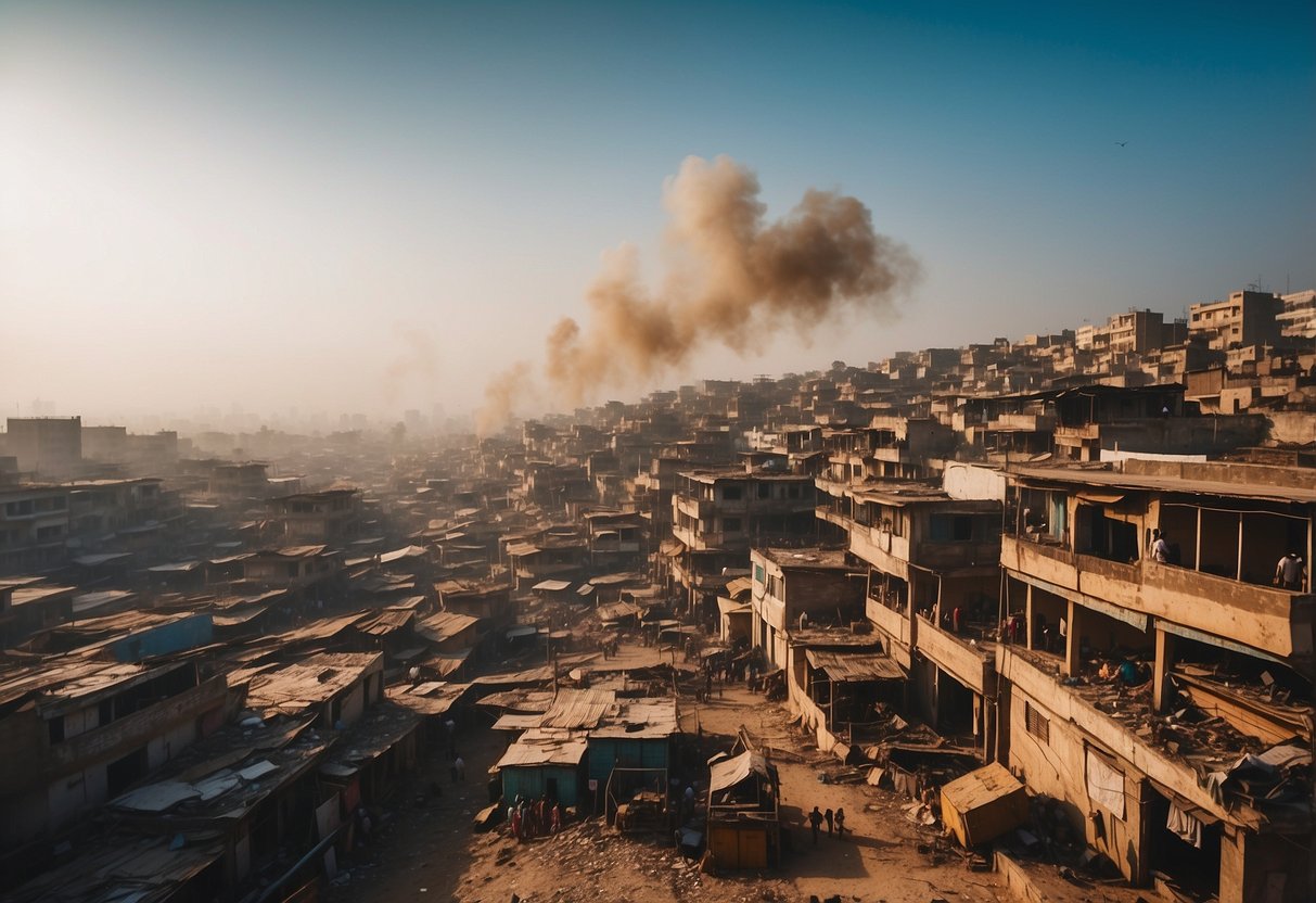 A polluted, overcrowded cityscape with dilapidated buildings and smog-filled air, depicting Karachi, Pakistan as one of the worst vacation destinations in the world