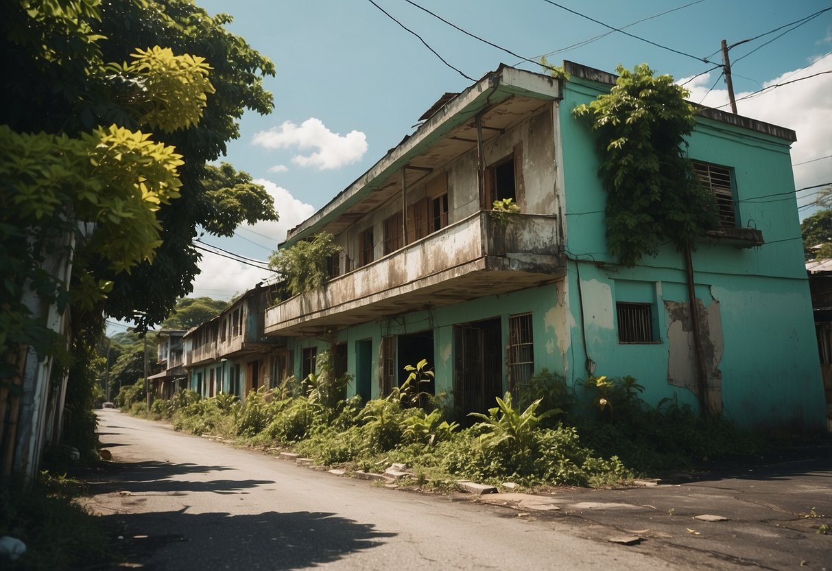 A rundown street in Kingston, Jamaica with dilapidated buildings and overgrown vegetation, creating a sense of abandonment and neglect