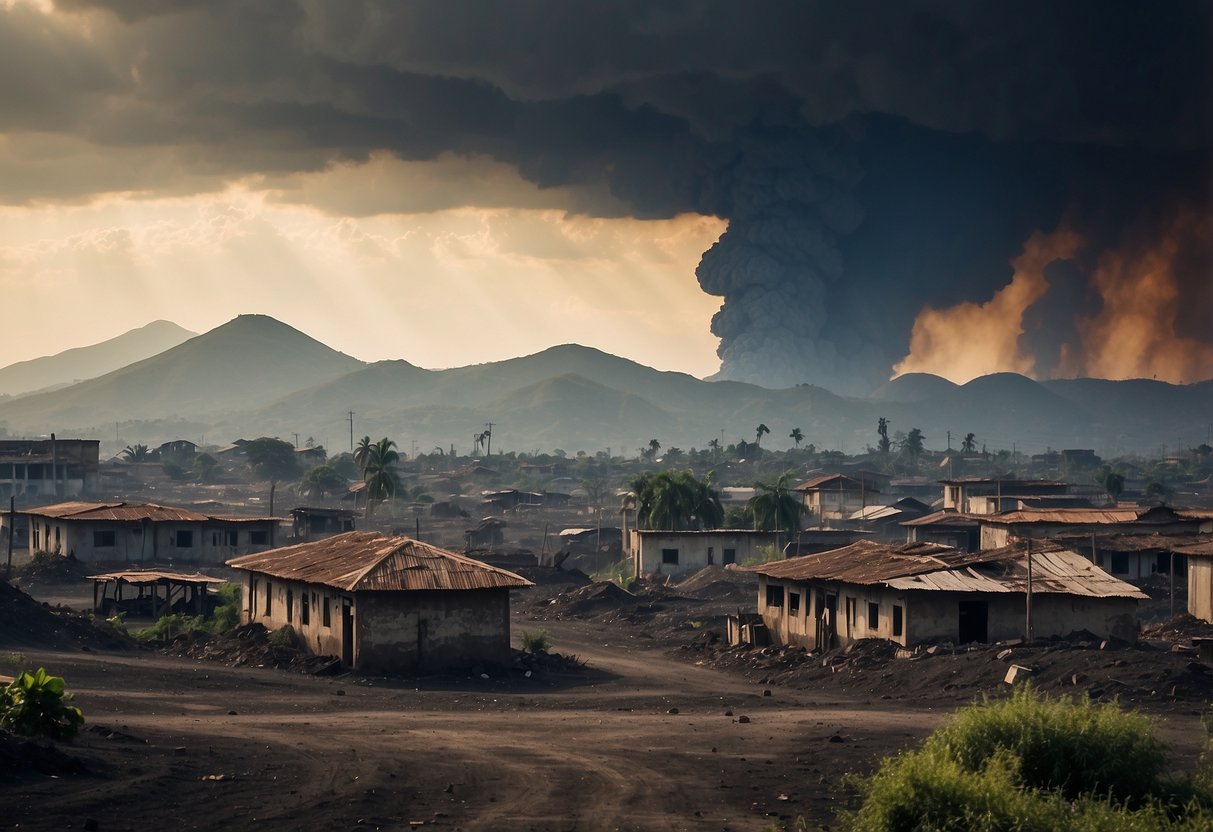 A dusty, desolate landscape in Goma, DRC with crumbling buildings and a backdrop of smoldering volcanoes