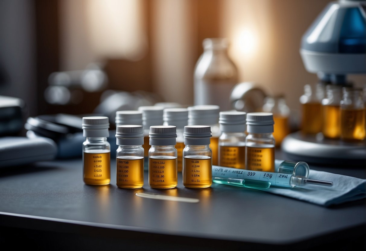 A table with vials labeled "Hormone Panel 10 Fertility Tests" and medical equipment for blood collection