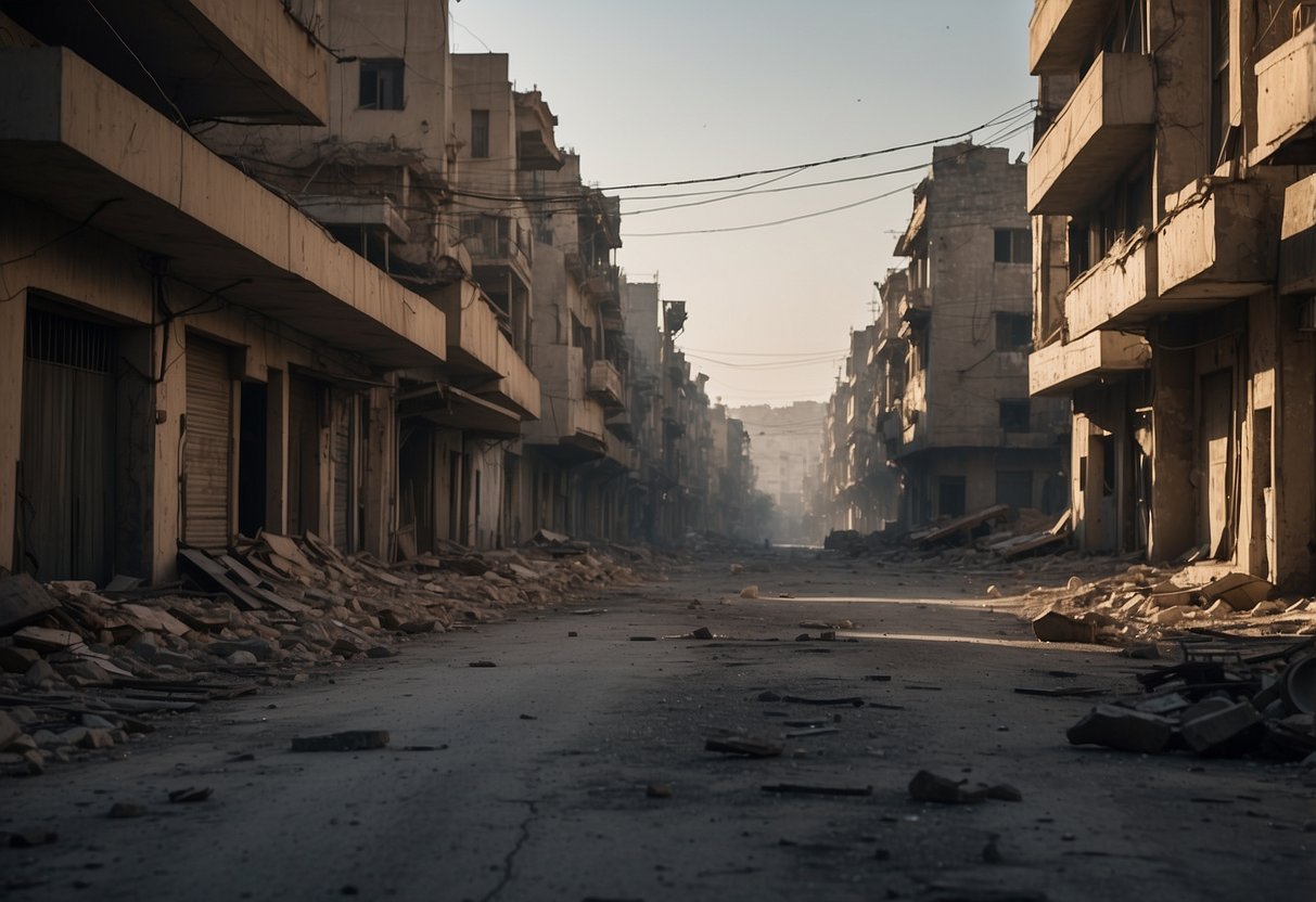 A desolate street in Damascus, with crumbling buildings and debris scattered across the road. The sky is hazy, and there is an eerie silence in the air