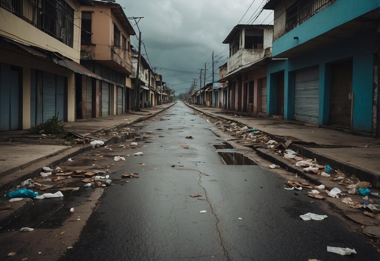 A run-down street in San Pedro Sula, with dilapidated buildings and trash strewn across the sidewalk. The sky is overcast and the atmosphere feels desolate