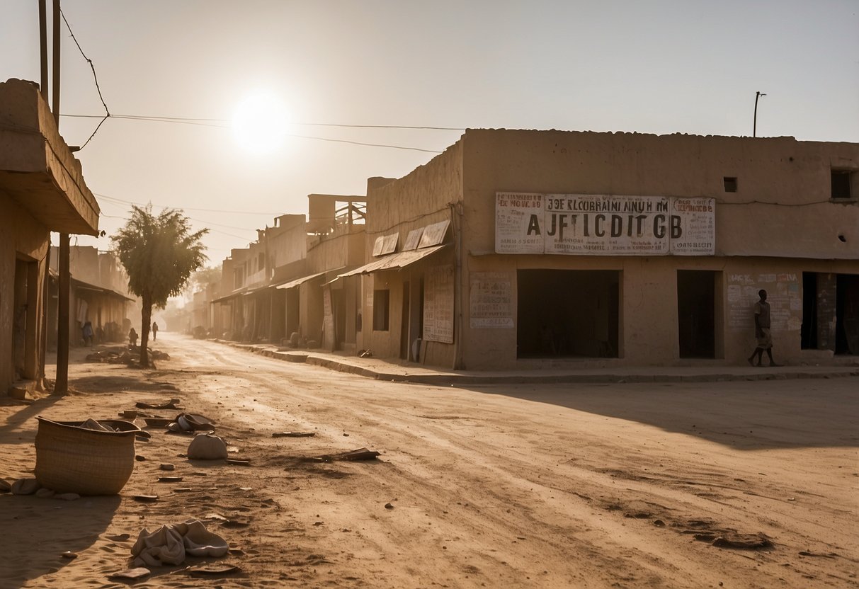 The sun beats down on a dusty street in N'Djamena, Chad. Dilapidated buildings line the road, with faded signs advertising long-forgotten businesses. A sense of desolation hangs in the air, as the city appears devoid of