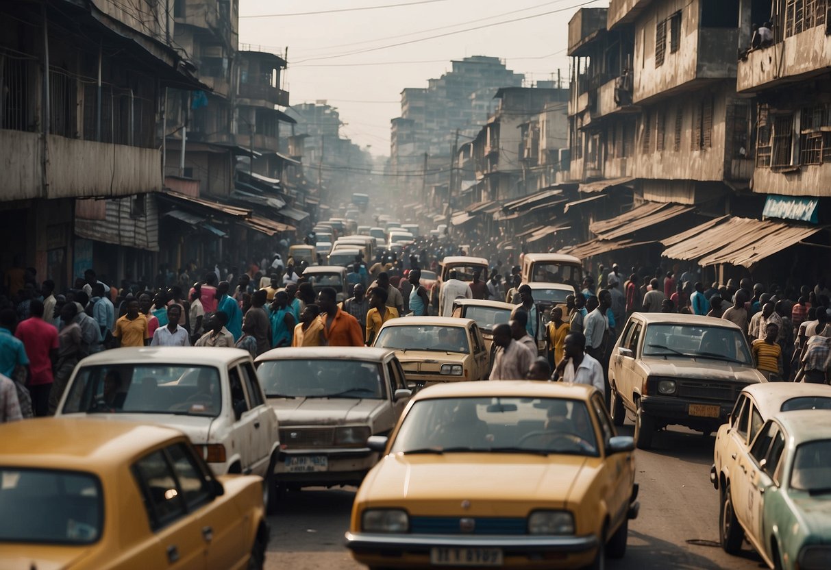 A crowded, bustling street in Kinshasa, with dilapidated buildings and chaotic traffic, depicting the chaotic and challenging environment of the Democratic Republic of Congo