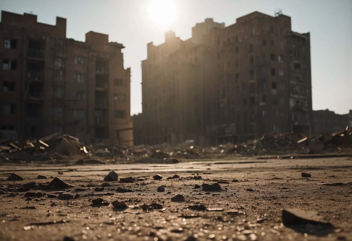 A desolate, dusty cityscape with crumbling buildings and empty streets. The sun beats down on the abandoned city, creating a sense of isolation and despair