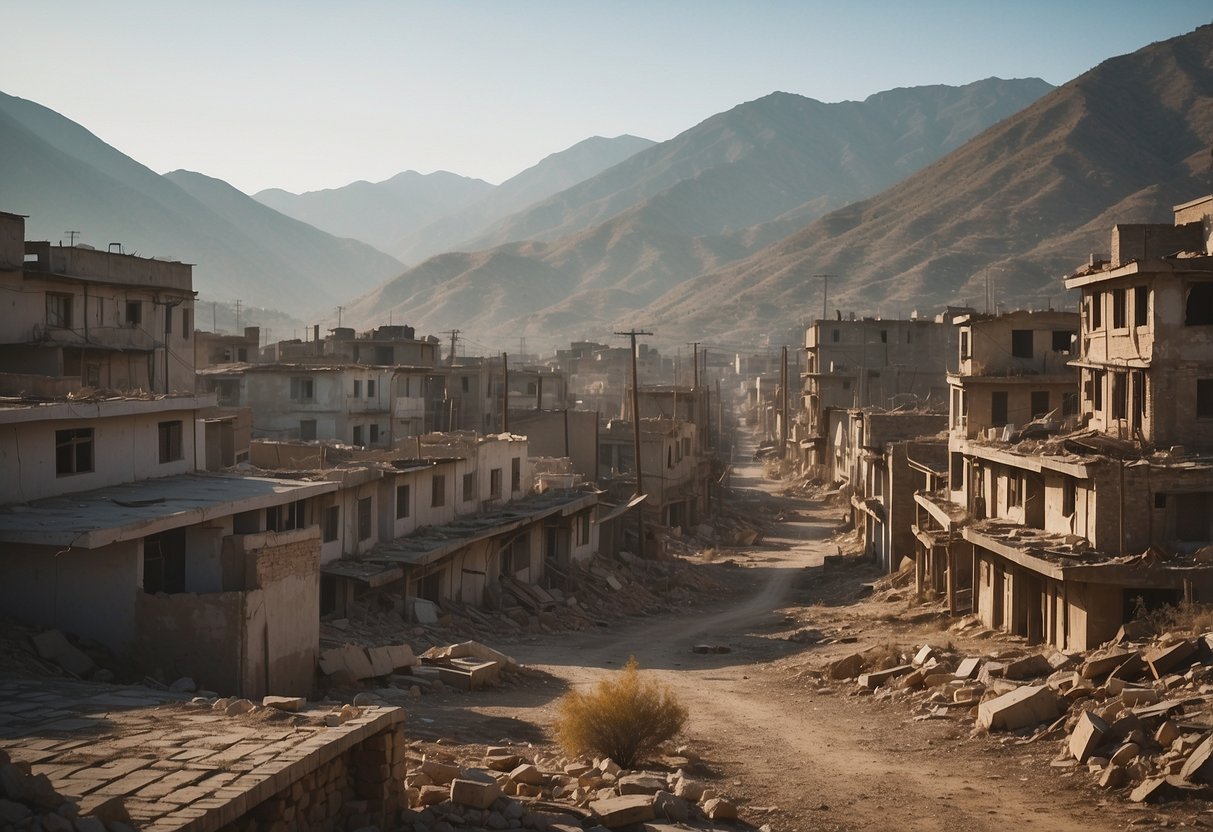 A desolate, war-torn cityscape with crumbling buildings and dusty streets, surrounded by mountains and a hazy, polluted sky