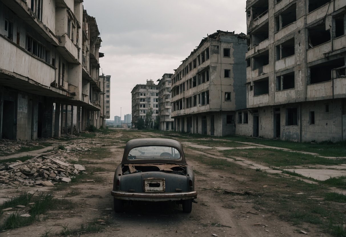 A desolate cityscape with crumbling buildings and deserted streets in Grozny, Chechnya. The atmosphere is bleak and foreboding, with a sense of abandonment and decay