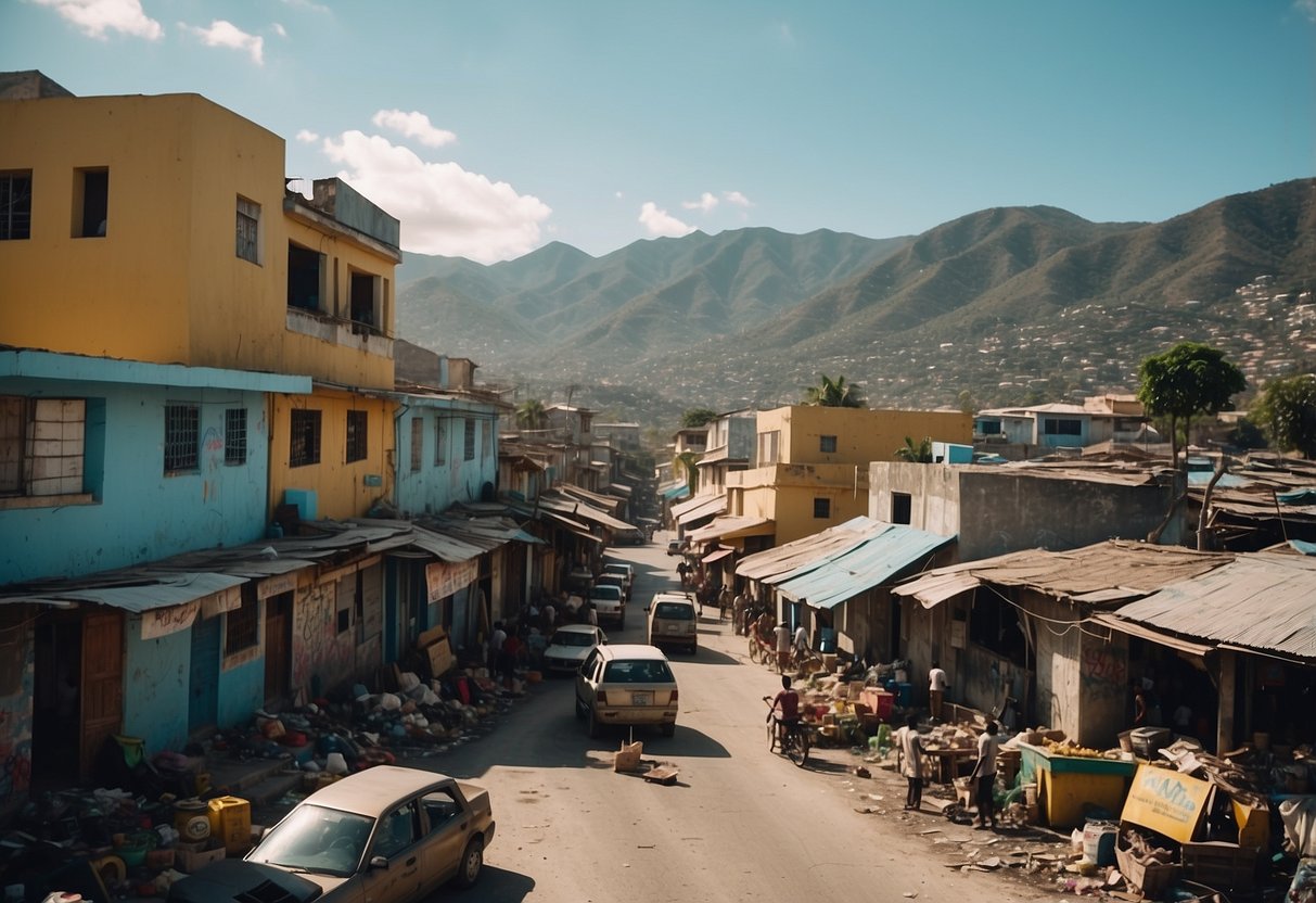 A chaotic street in Port-au-Prince, Haiti with dilapidated buildings, crowded markets, and colorful street art