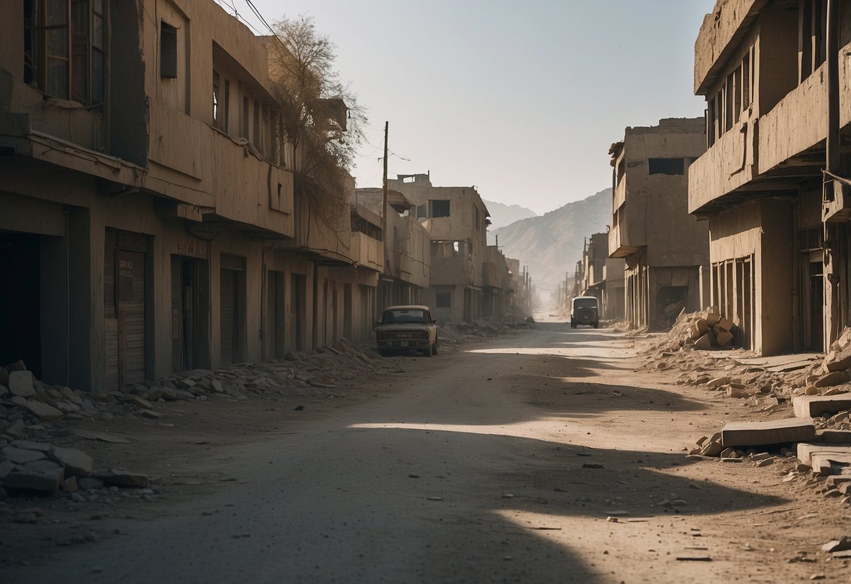 A dusty, war-torn street in Kabul, with crumbling buildings and a sense of desolation