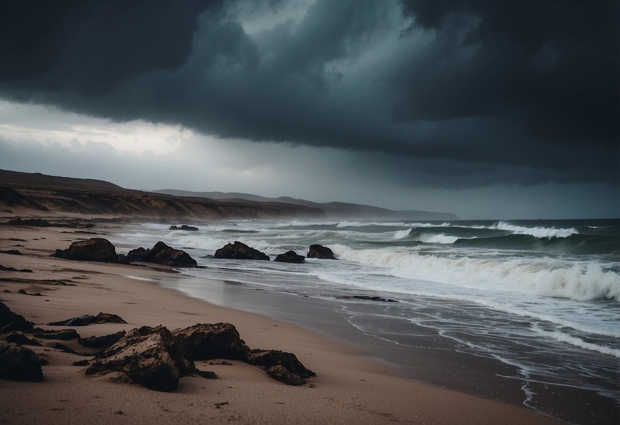 Stormy skies over barren landscapes, with raging seas and desolate beaches. Harsh winds and torrential rain create a bleak and unwelcoming atmosphere