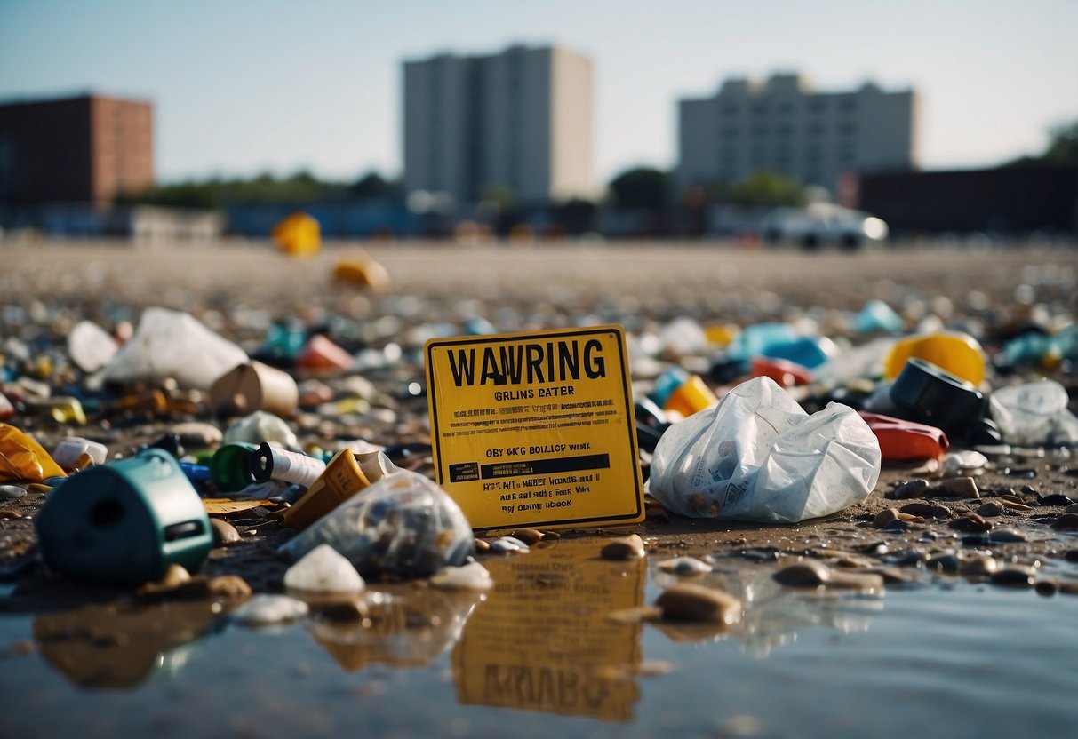 A deserted beach littered with trash and warning signs, surrounded by polluted water and industrial buildings