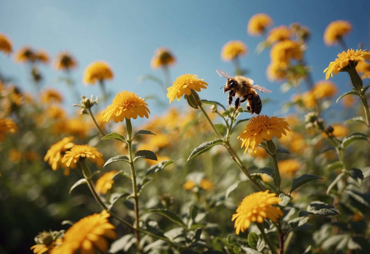 A blooming garden with vibrant flowers and fruits, a clear sky, and a fertile soil. Bees buzzing around, birds chirping, and a sense of abundance and vitality