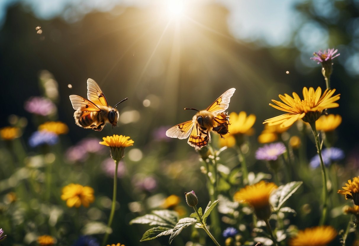 A blooming flower garden with vibrant colors and lush greenery, surrounded by buzzing bees and fluttering butterflies. A clear blue sky and warm sunlight shining down on the scene