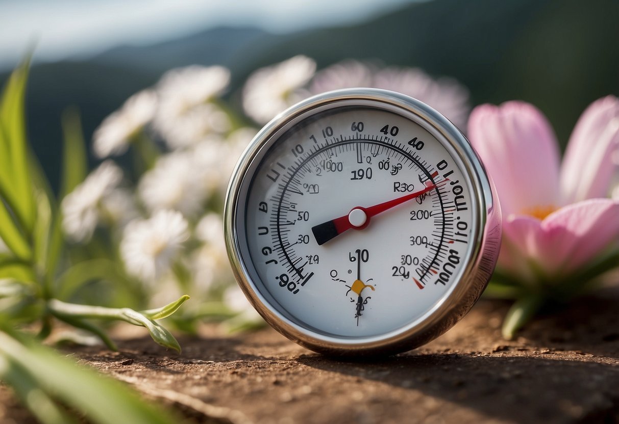 A thermometer showing a steady rise in temperature, surrounded by symbols representing fertility such as a blooming flower, a stork, and a positive pregnancy test