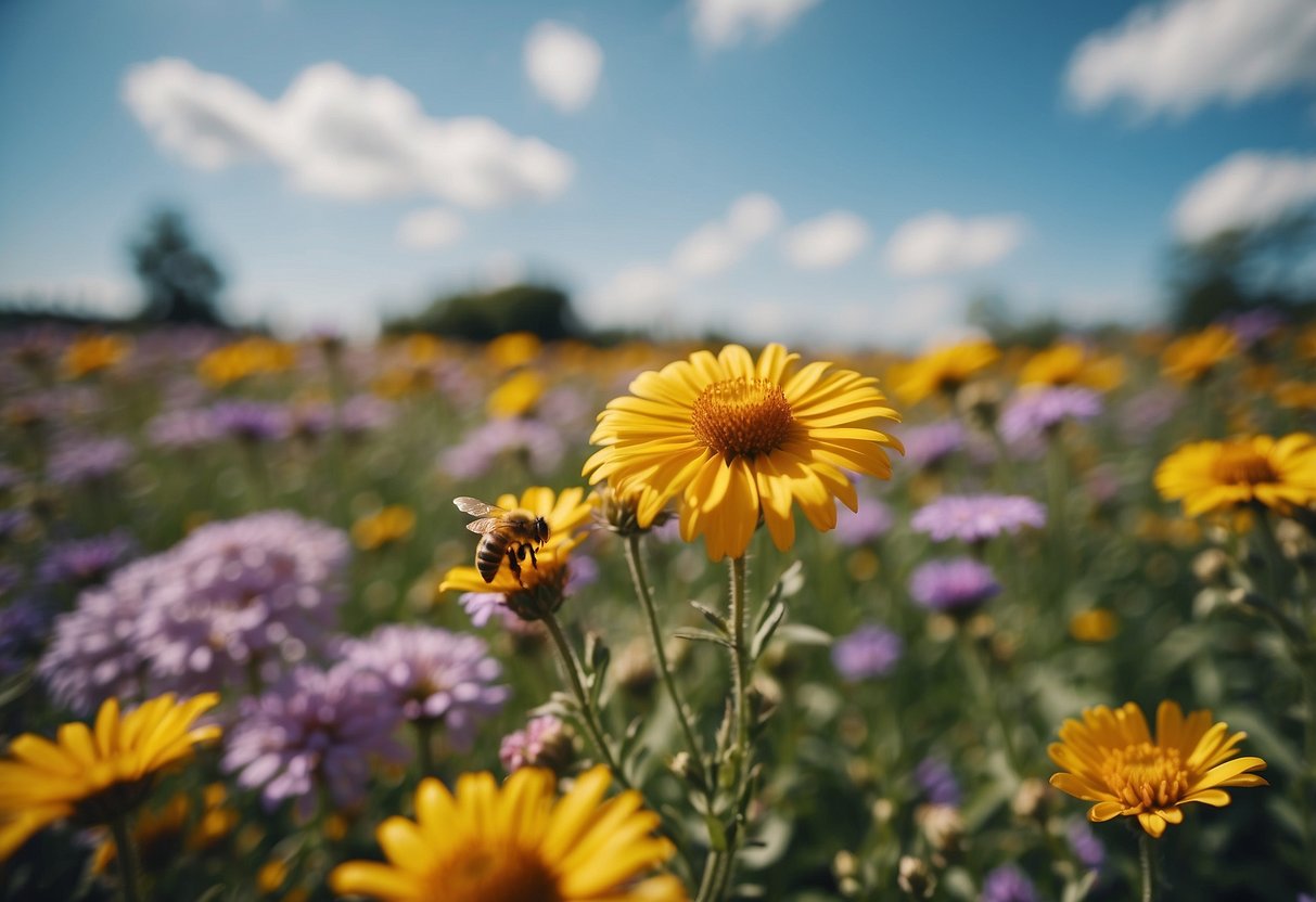 A field of vibrant flowers blooming in abundance, with bees buzzing around collecting nectar, and a clear blue sky overhead