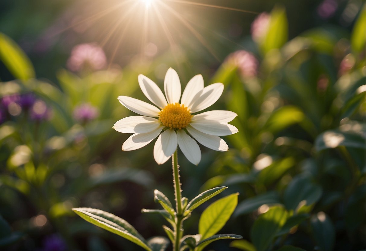 A blooming flower surrounded by vibrant, healthy plants, with rays of sunlight shining down, symbolizing fertility and balanced hormones