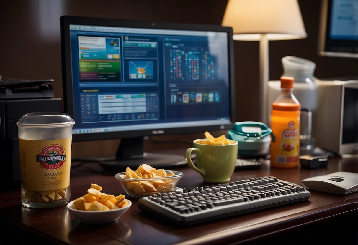 A cluttered desk with unhealthy snacks, a smoking ashtray, a stress-inducing computer screen, and a neglected water bottle