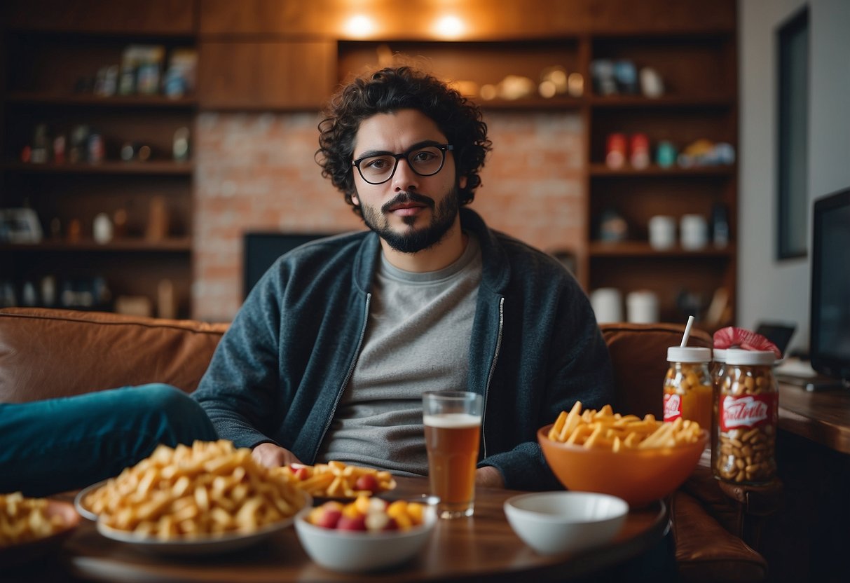 A sedentary person sitting for long periods, surrounded by unhealthy snacks and drinks, with a pile of electronic devices nearby