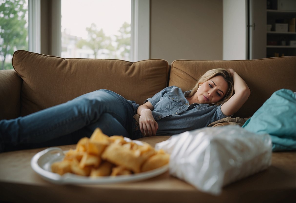 A woman lying on a couch, surrounded by empty takeout containers and a pile of laundry. She looks exhausted and is struggling to keep her eyes open