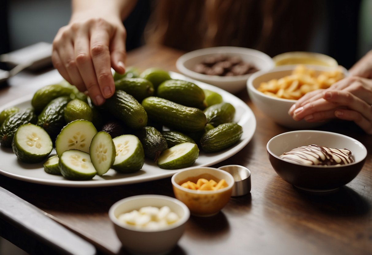 A table with various food items such as pickles, ice cream, and chocolate. A woman's hand reaching for the cravings