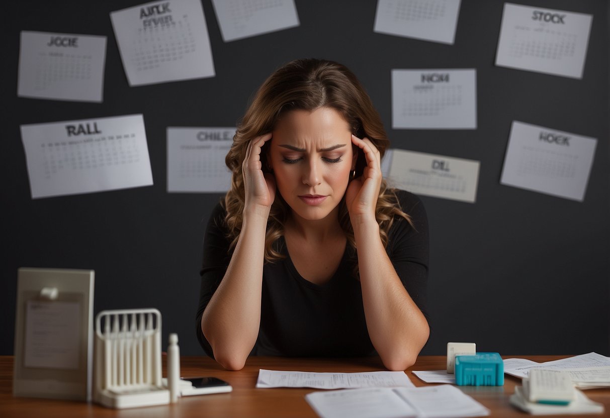 A woman holding her head in discomfort, surrounded by pregnancy test kits and a calendar indicating early pregnancy symptoms