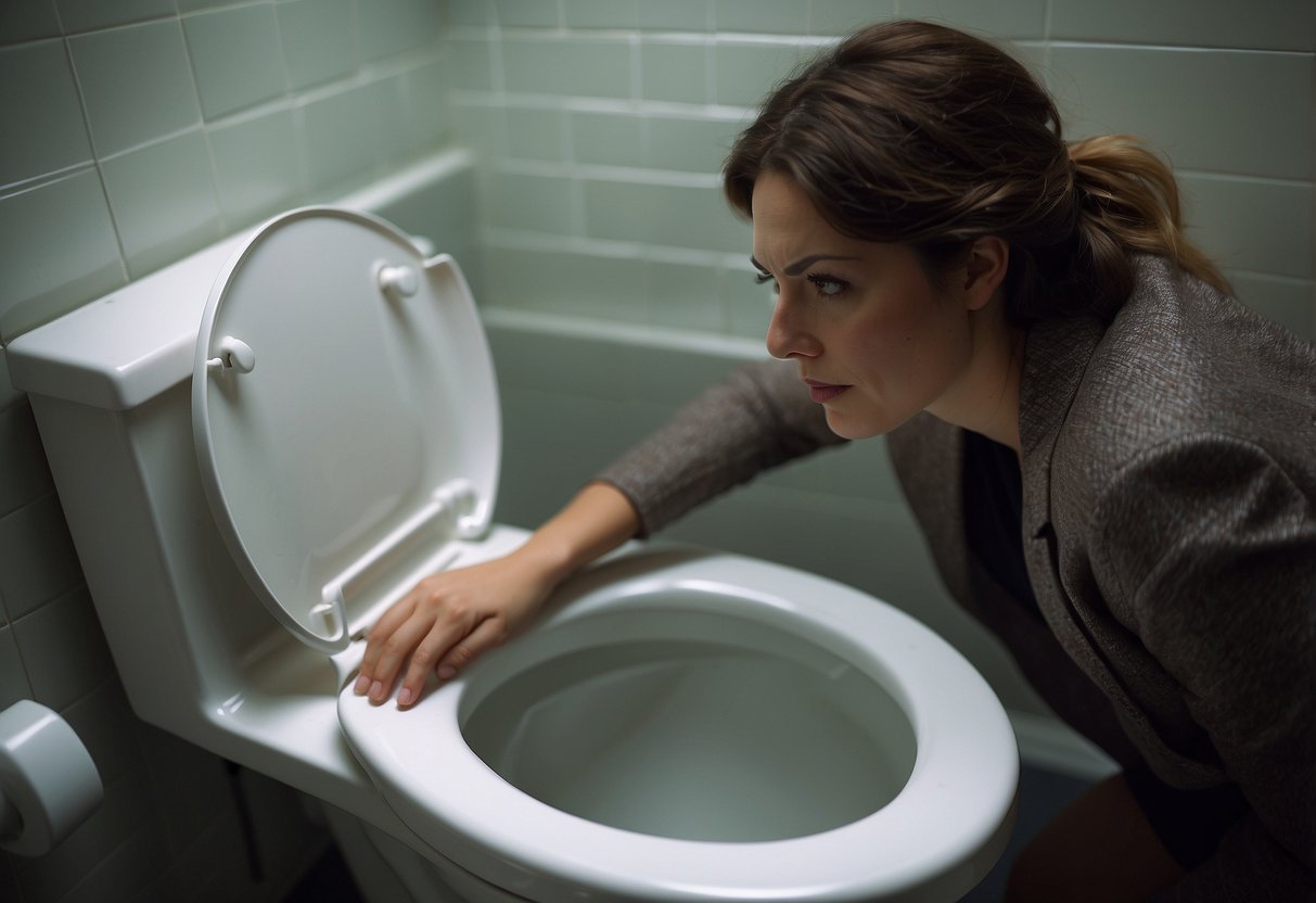 A woman's hand hovers over a toilet, a look of discomfort on her face as she experiences nausea, a common early pregnancy symptom