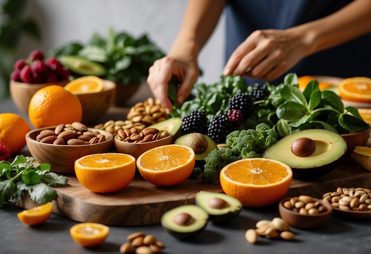 Colorful array of superfoods arranged on a table, including leafy greens, berries, nuts, and avocados. A pregnant woman smiles as she reaches for a vibrant orange and slices it open