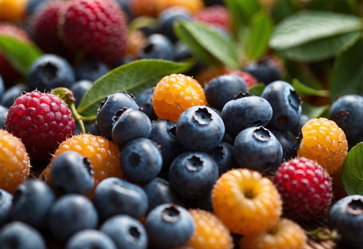 A pile of fresh blueberries surrounded by other colorful pregnancy-approved superfoods, with a soft light shining on them