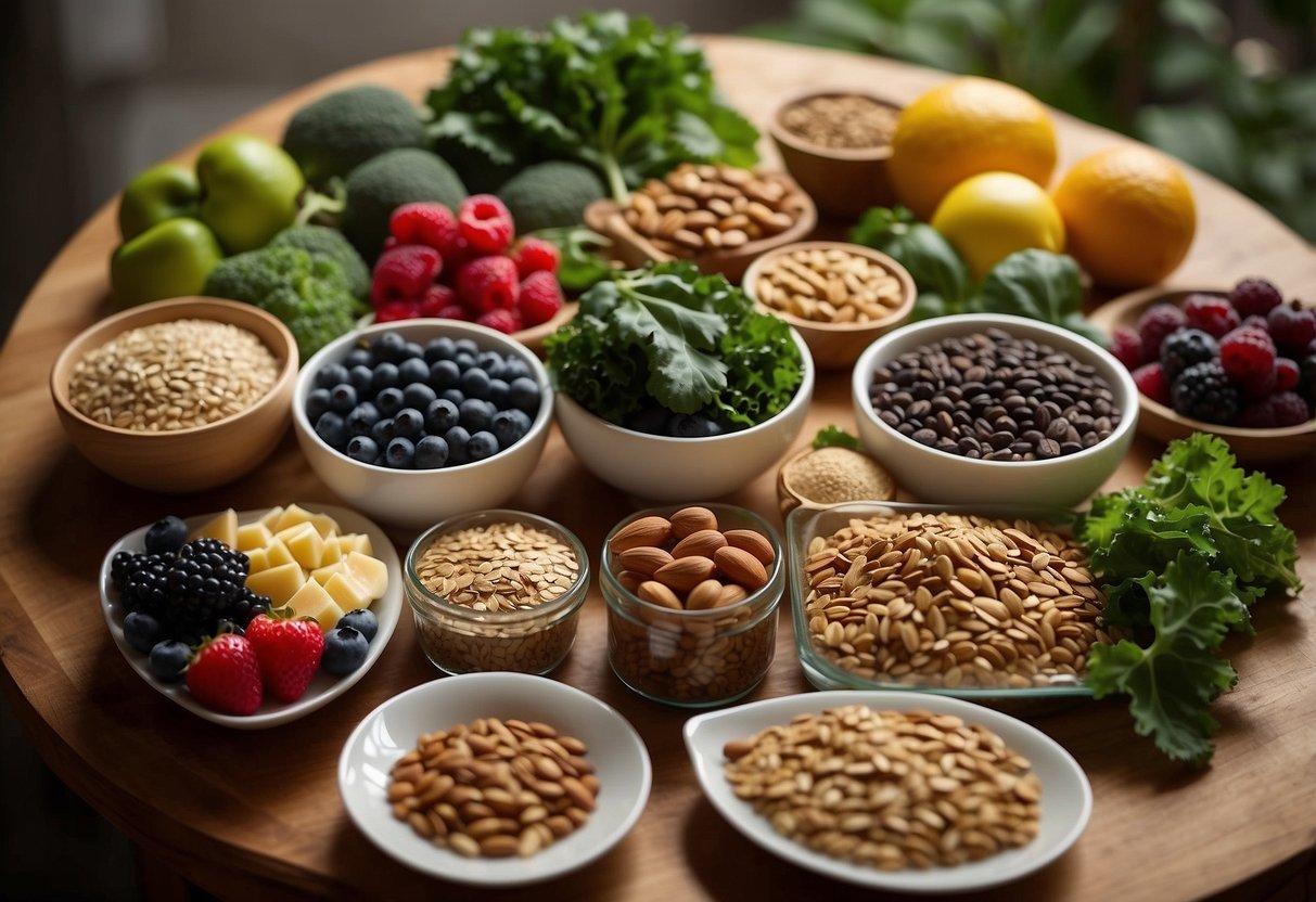 A vibrant array of superfoods arranged on a table, including leafy greens, berries, nuts, and seeds. A pregnant woman's silhouette in the background, symbolizing the benefits for both mom and baby