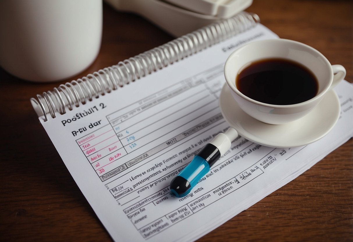 A positive pregnancy test sits on a bathroom counter. Nearby, a woman's discarded coffee cup and a calendar with a circled date suggest the unexpected news