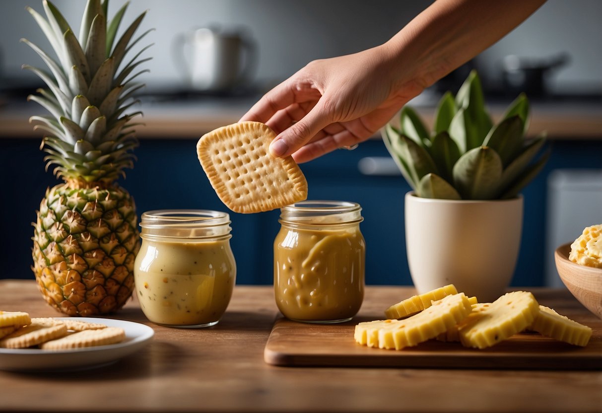 A woman's hand reaches for pickles and ice cream, while a pineapple sits on the counter. A jar of peanut butter is open next to a plate of crackers