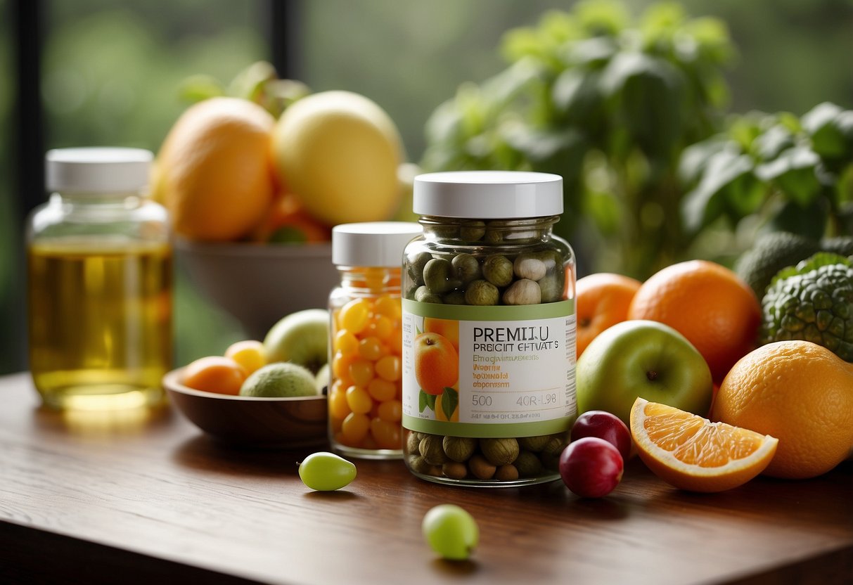 A table with various fruits, vegetables, and supplements arranged neatly. A bottle of prenatal vitamins prominently displayed. Bright, natural lighting