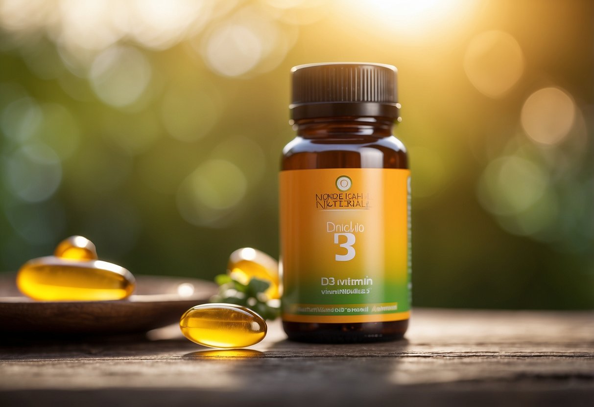 A bottle of Nordic Naturals Vitamin D3 surrounded by 8 essential vitamins in pill form, with a soft, natural background