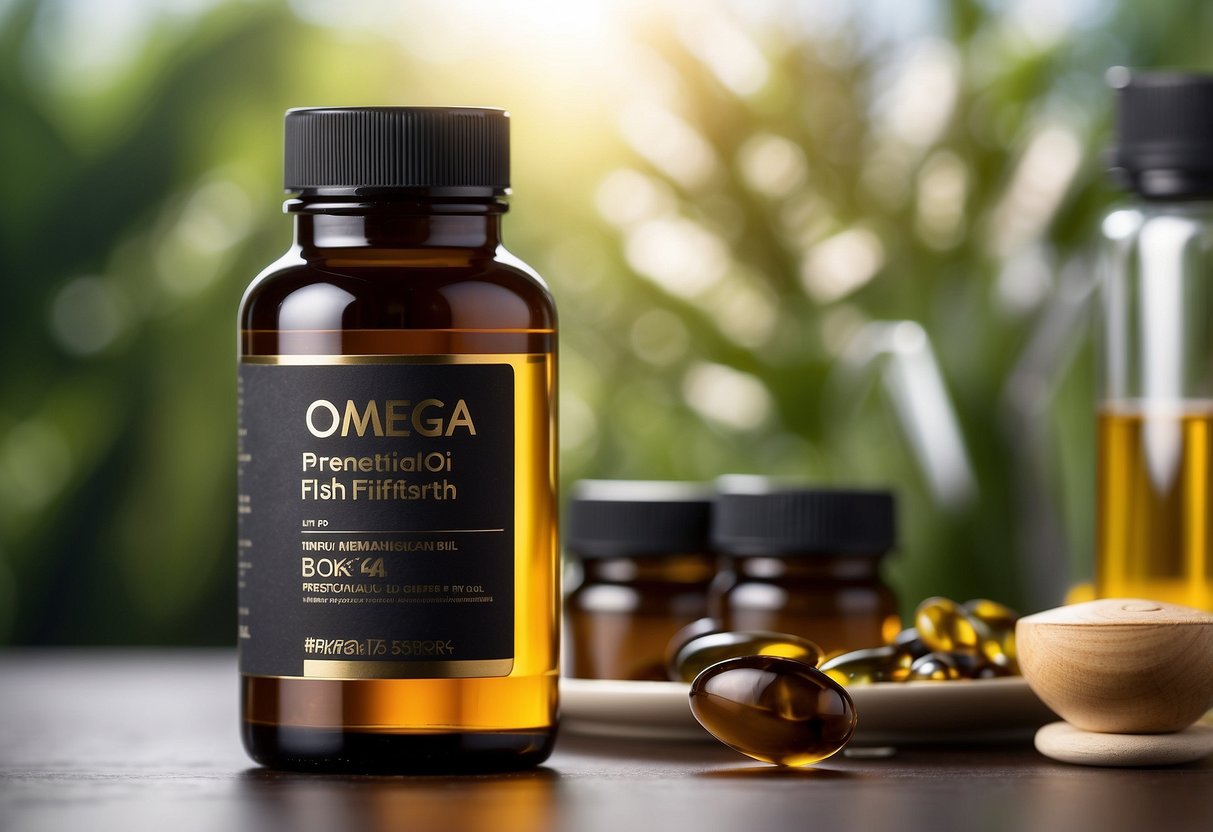 A bottle of Omega-3 Fish Oil by Sports Research surrounded by 8 essential vitamins, with a prominent "Prenatal" label