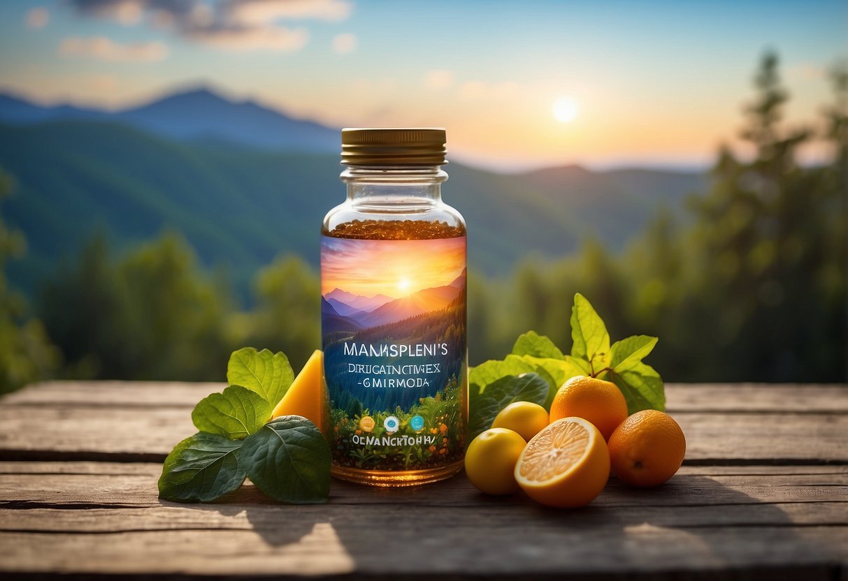 A glowing bottle of Nature Made Magnesium surrounded by 8 colorful vitamins, with a backdrop of nature and a subtle hint of pregnancy