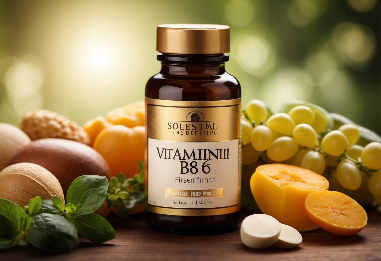 A bottle of Solgar Vitamin B6 surrounded by other essential vitamins, with a clear label reading "8 Essential Vitamins for Your First Trimester."