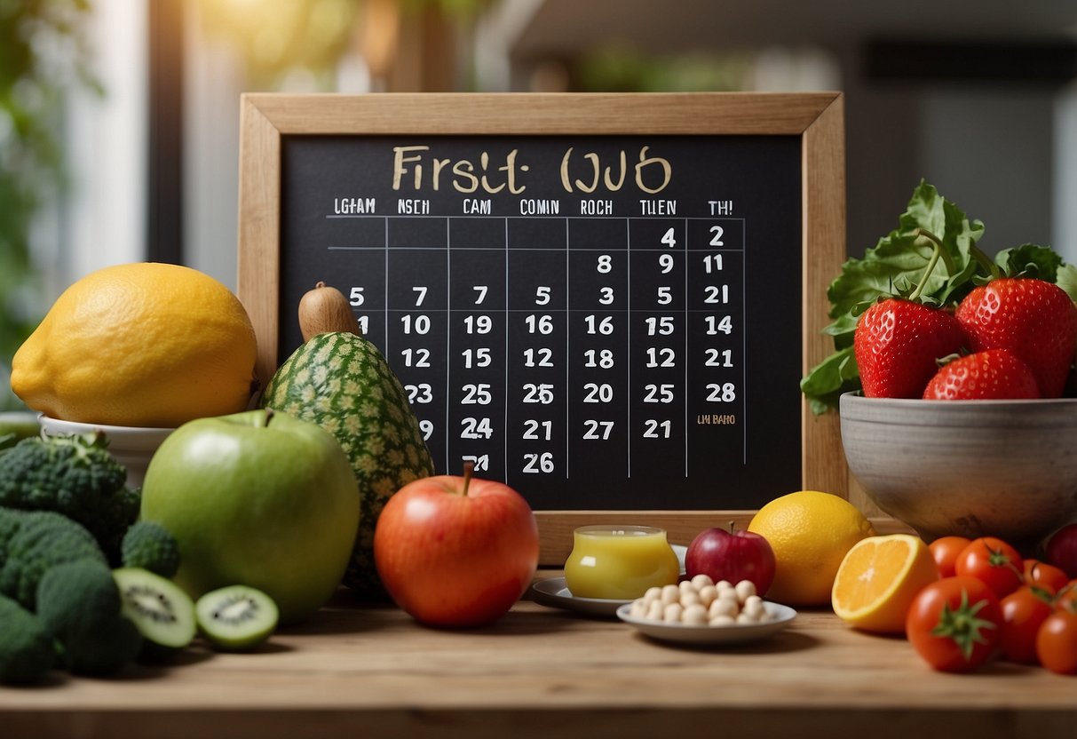 A table with various fruits, vegetables, and supplements arranged neatly. A calendar with "First Trimester" written on it hangs on the wall