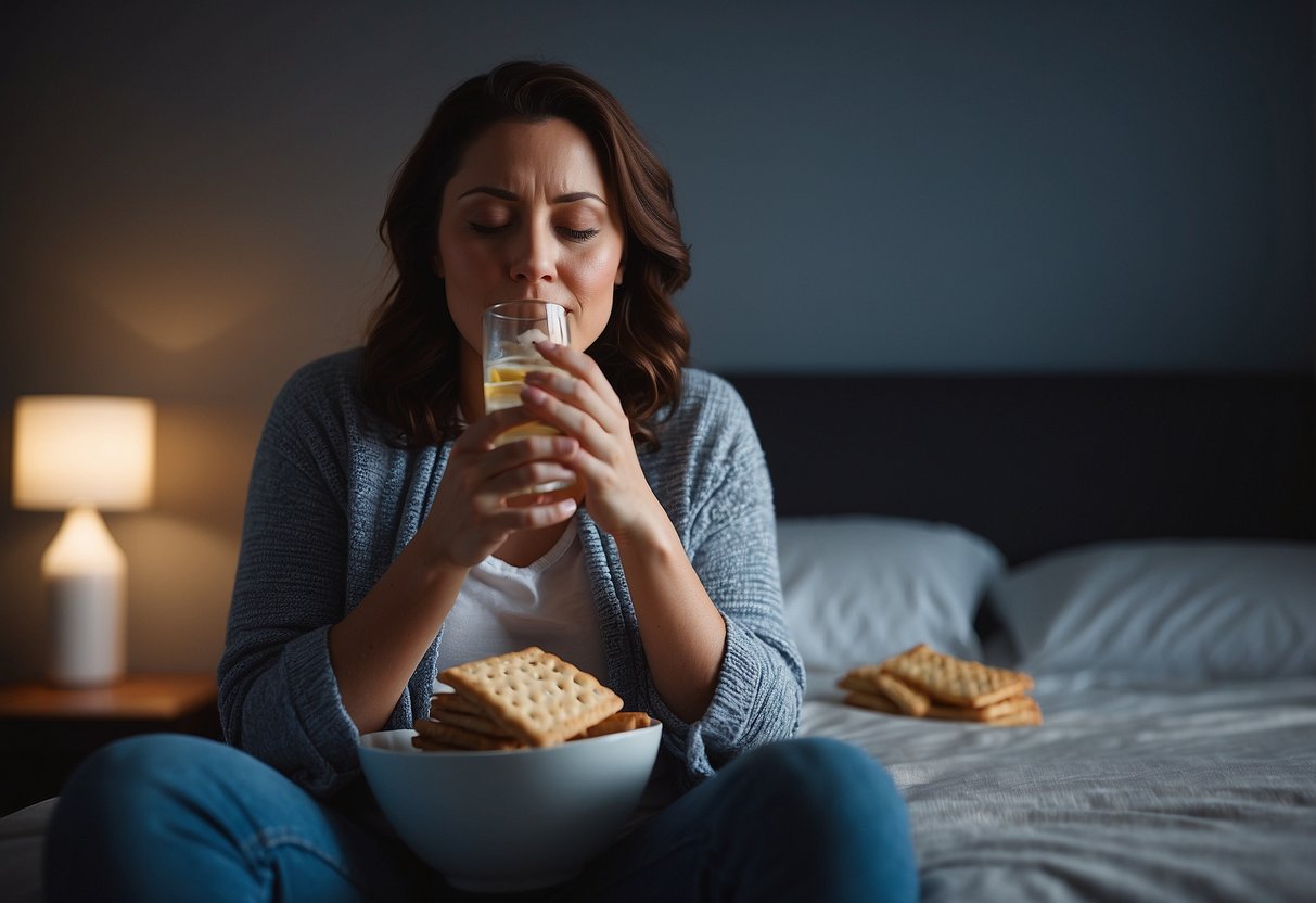 A woman clutching her stomach in the early hours, surrounded by half-eaten crackers and a glass of water, as she battles morning sickness during pregnancy