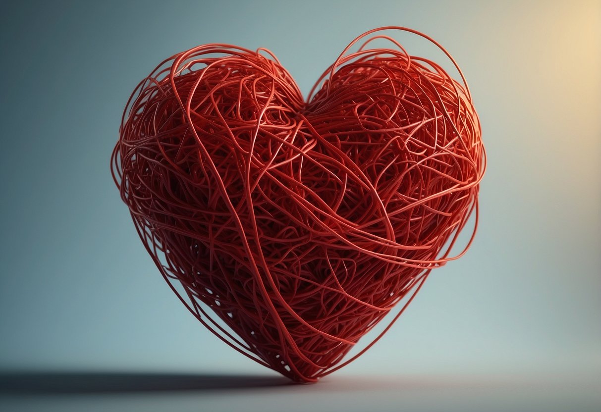 A fiery red heart surrounded by tangled, wiry strands, symbolizing heartburn and debunking pregnancy myths