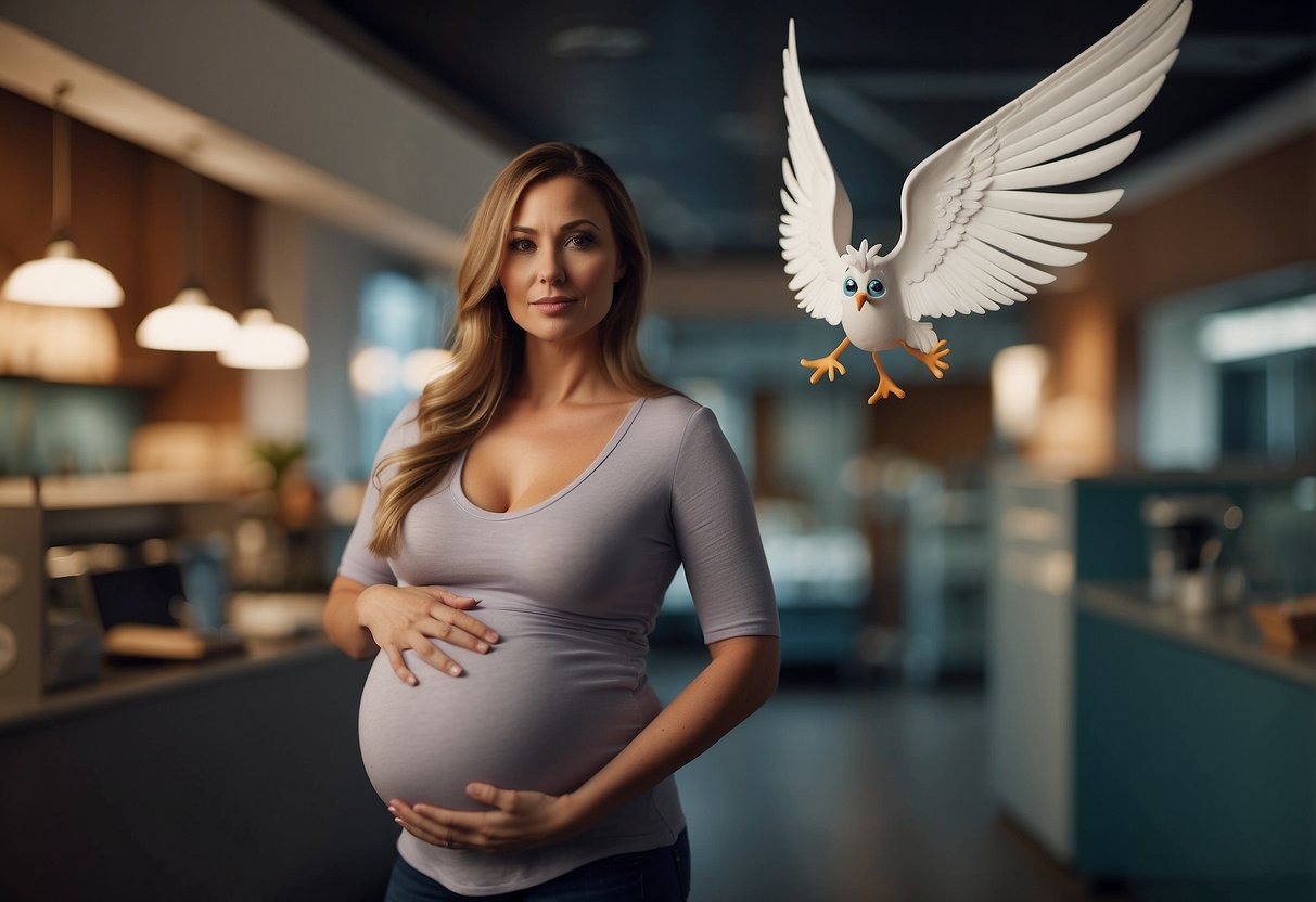 A pregnant woman with wings is grounded by a "no flying during pregnancy" sign, surrounded by other pregnancy myths like a stork delivering a baby