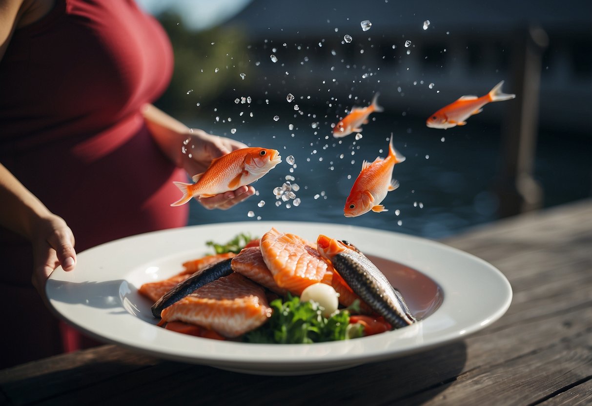 A pregnant woman throwing away a plate of fish with a red cross over it